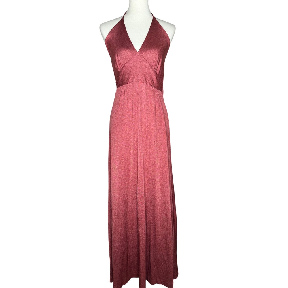 Vintage Metallic Halter Maxi Dress Rose Pink Burgundy Shimmer Disco Gown